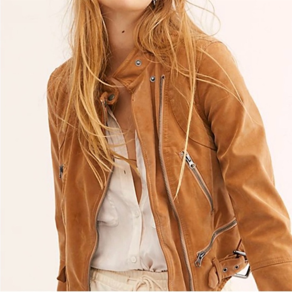 We The Free Vegan Faux Leather Moto Cropped Jacket Camel Tan Medium Soft Buttery